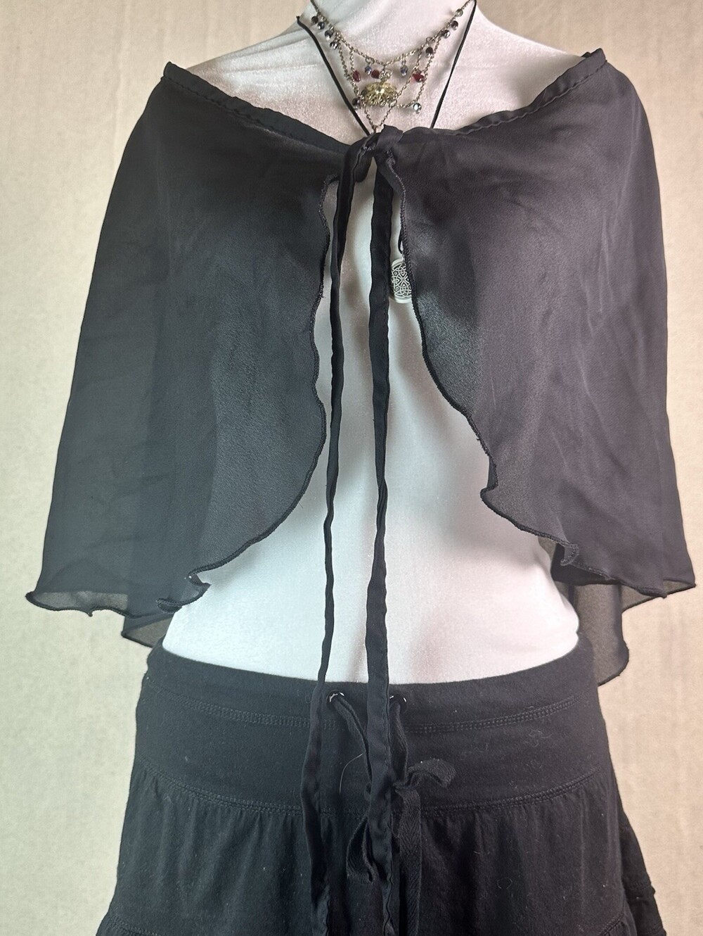 Vintage Black Sheer Chiffon Tie-Front Wrap Capelet Whimsigoth Vampy Bolero Shrug